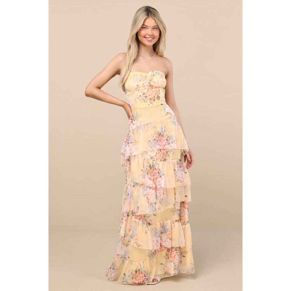 Lulus Niyati Yellow Floral Strapless Tiered Maxi Dress - Size M